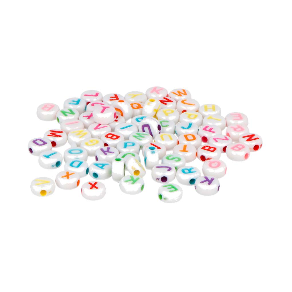 CUENTAS DE PLASTICO BOTE REDONDAS LETRAS BLANCO COLORES SURTIDOS 7MM 1200 UDS