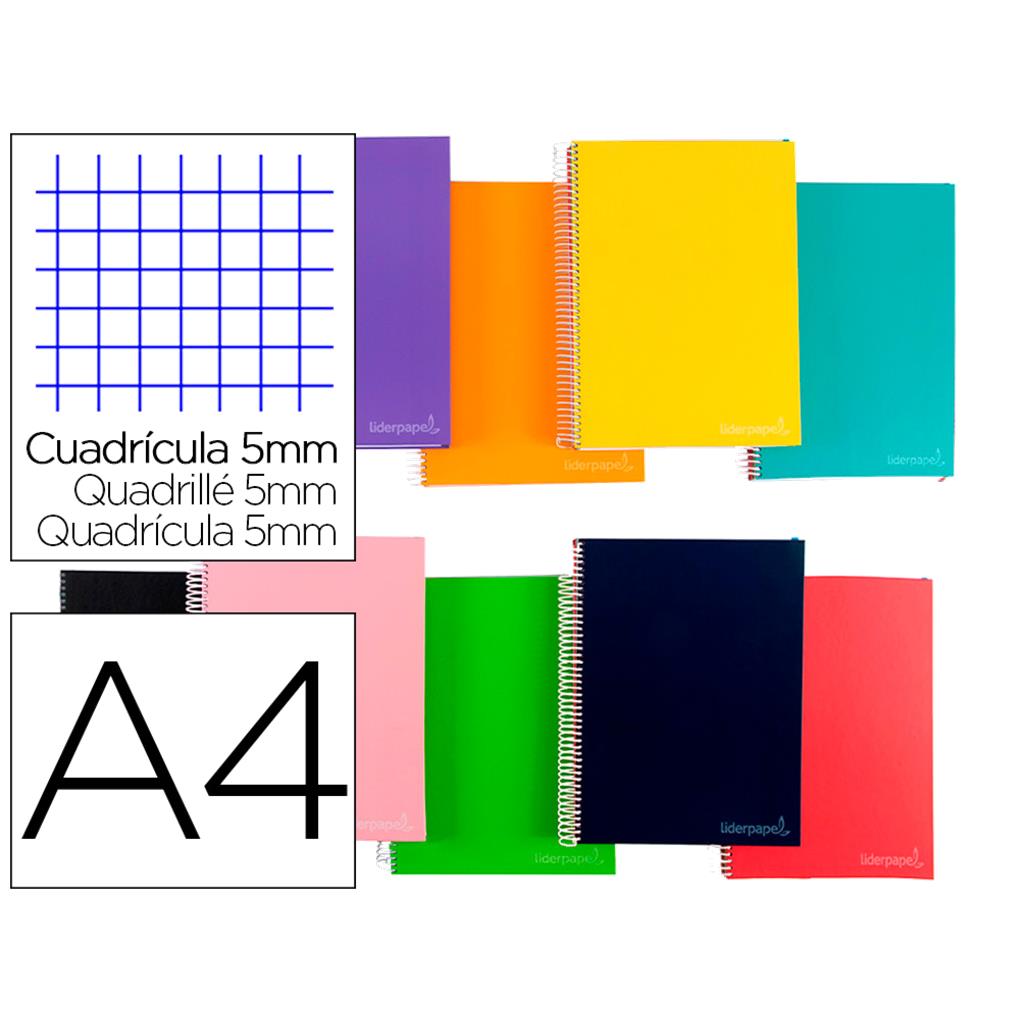 CUADERNO ESPIRAL LIDERPAPEL A4 MICRO JOLLY TAPA FORRADA 140 HOJAS 75GR CUADRO 5MM 5 BANDAS Y TALADROS COLORES SURTIDOS