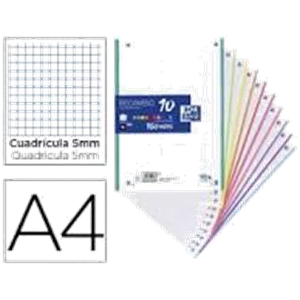 RECAMBIO COLOR OXFORD A4 160 HOJAS 90 GR OPTIK PAPER CUADRO 5 MM 4 TALADROS BANDA 10 COLORES