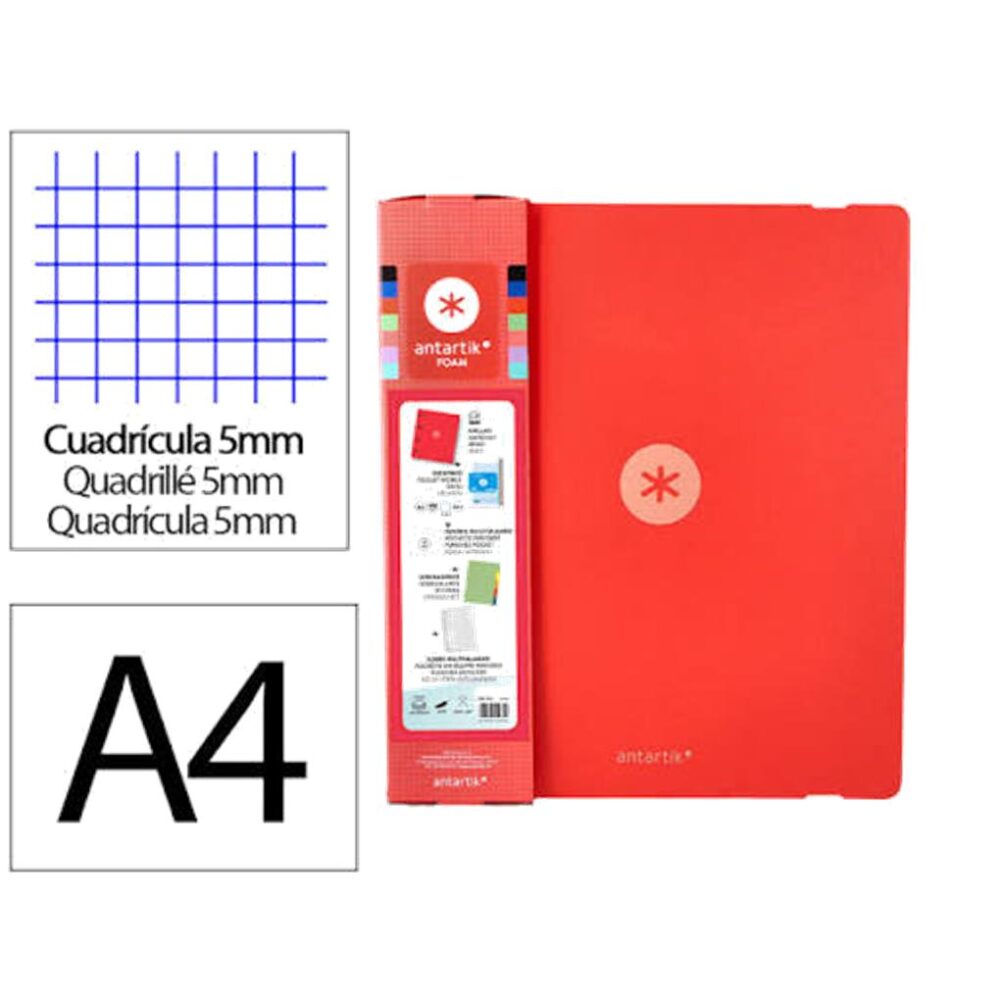 CARPETA CON RECAMBIO ANTARTIK A4 CUADRO 5 MM FOAM 4 ANILLAS 35 MM MIXTAS COLOR ROJO