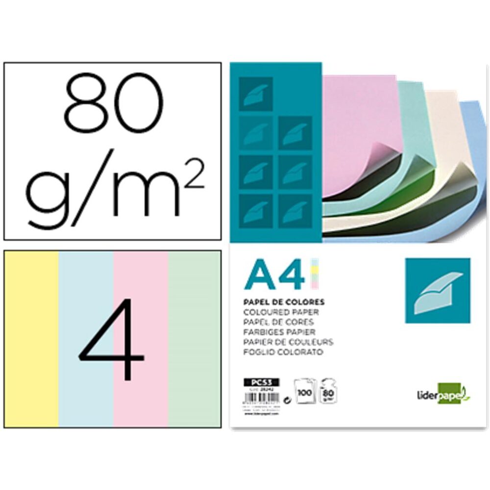 PAPEL COLOR LIDERPAPEL A4 80G/M2 4 COLORES SURTIDOS PAQUETE DE 100