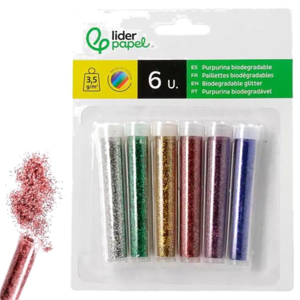 PURPURINA LIDERPAPEL BIODEGRADABLE BOTE 3.5 GR 6 COLORES METALICOS SURTIDOS